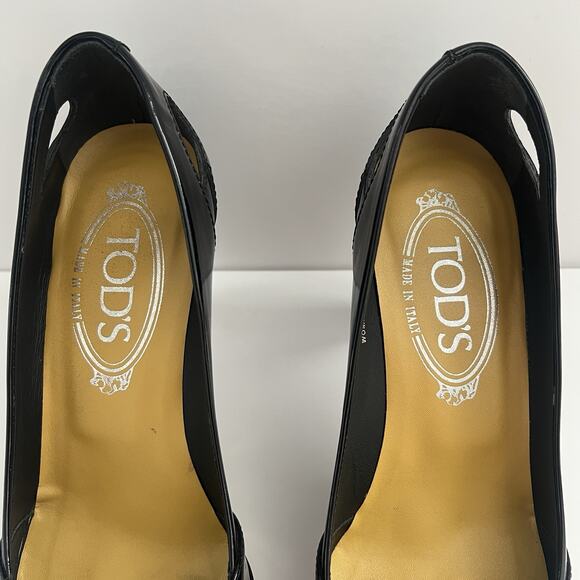 Tod's Women Black Yellow Band Patent Leather Square Toe Cut Out Heels 36 / 6 - Picture 6 of 13